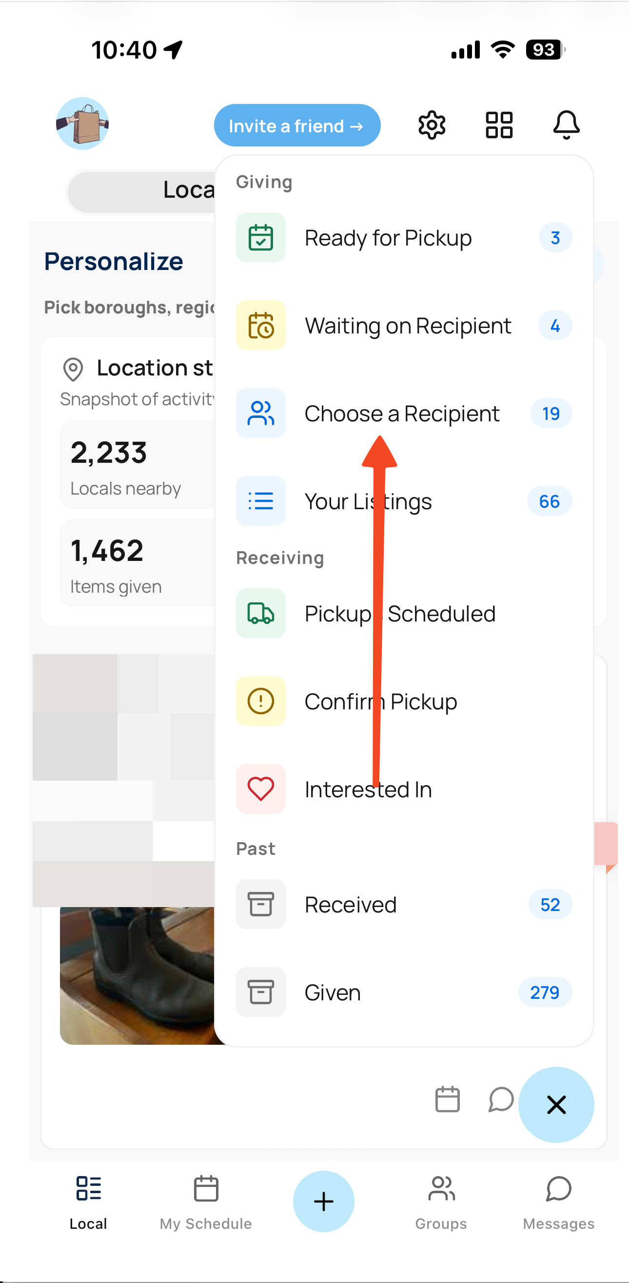 Screenshot of the menu with Choose a Recipient highlighted.