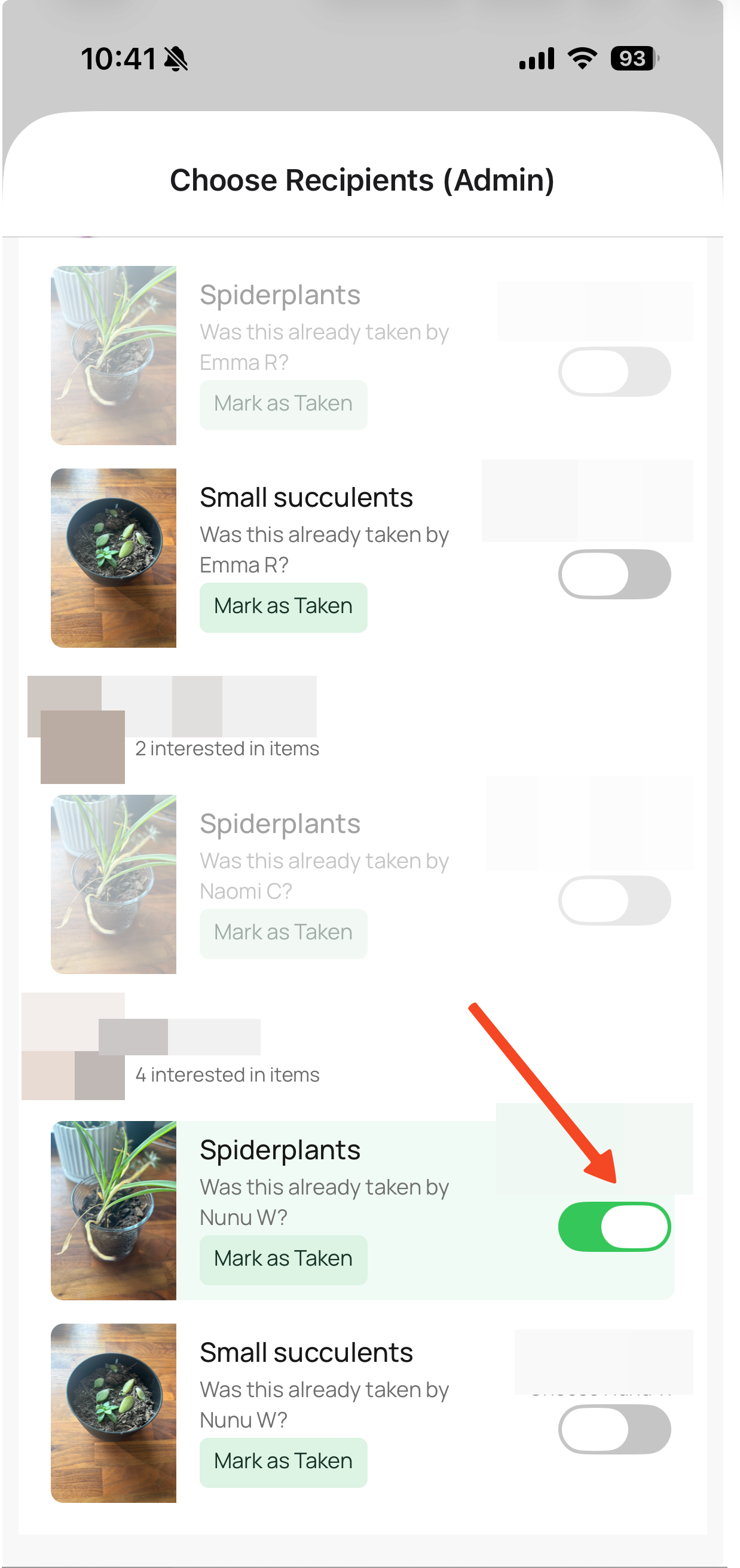 Screenshot of the Choose Recipients screen with the toggle switch highlighted.