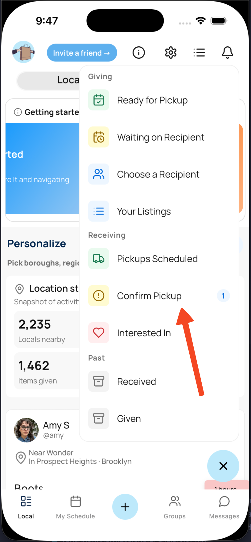 Screenshot of the home screen menu with Confirm Pickup highlighted.