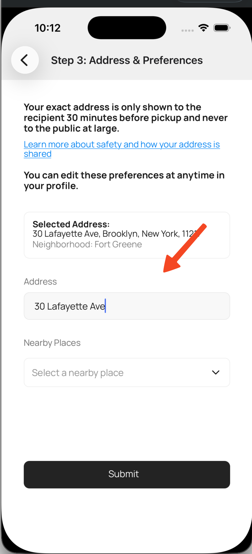 Screenshot of the address step with the address field highlighted.