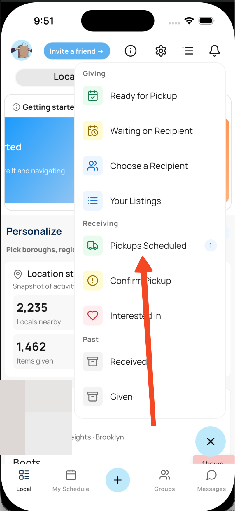 Screenshot of the home screen menu with Pickups Scheduled highlighted.