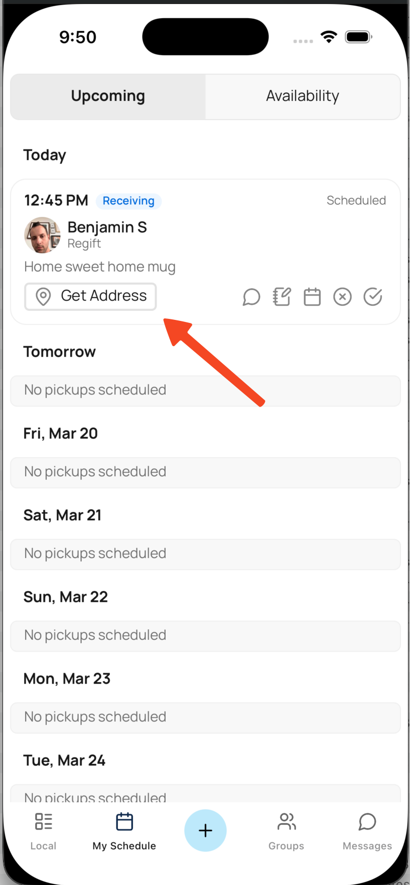Screenshot of the My Schedule tab with the Get Address button highlighted.