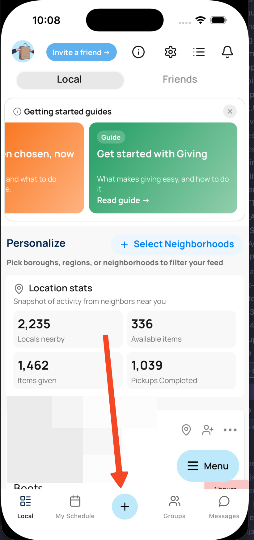 Screenshot of the home screen with the blue plus button highlighted.