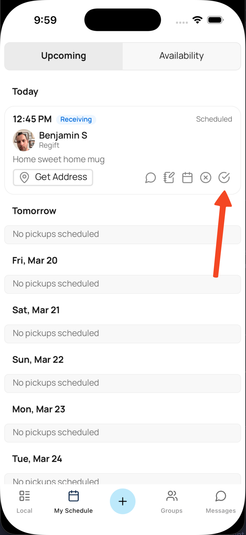 Screenshot of the My Schedule tab with the Mark as Taken action highlighted.