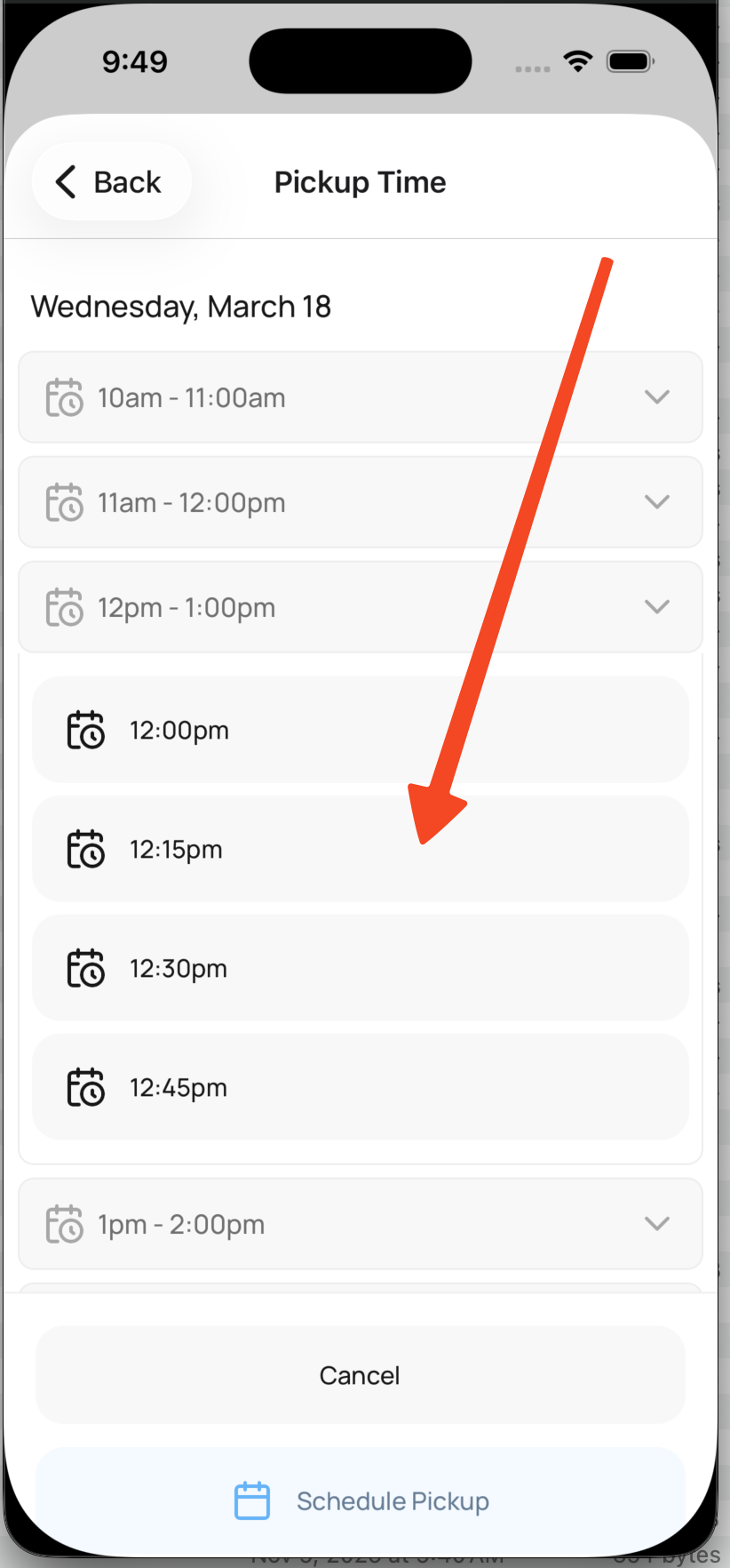 Screenshot of the pickup time selection screen with an available time highlighted.