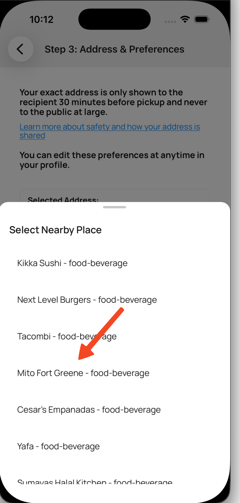 Screenshot of the nearby place picker with a public landmark option highlighted.