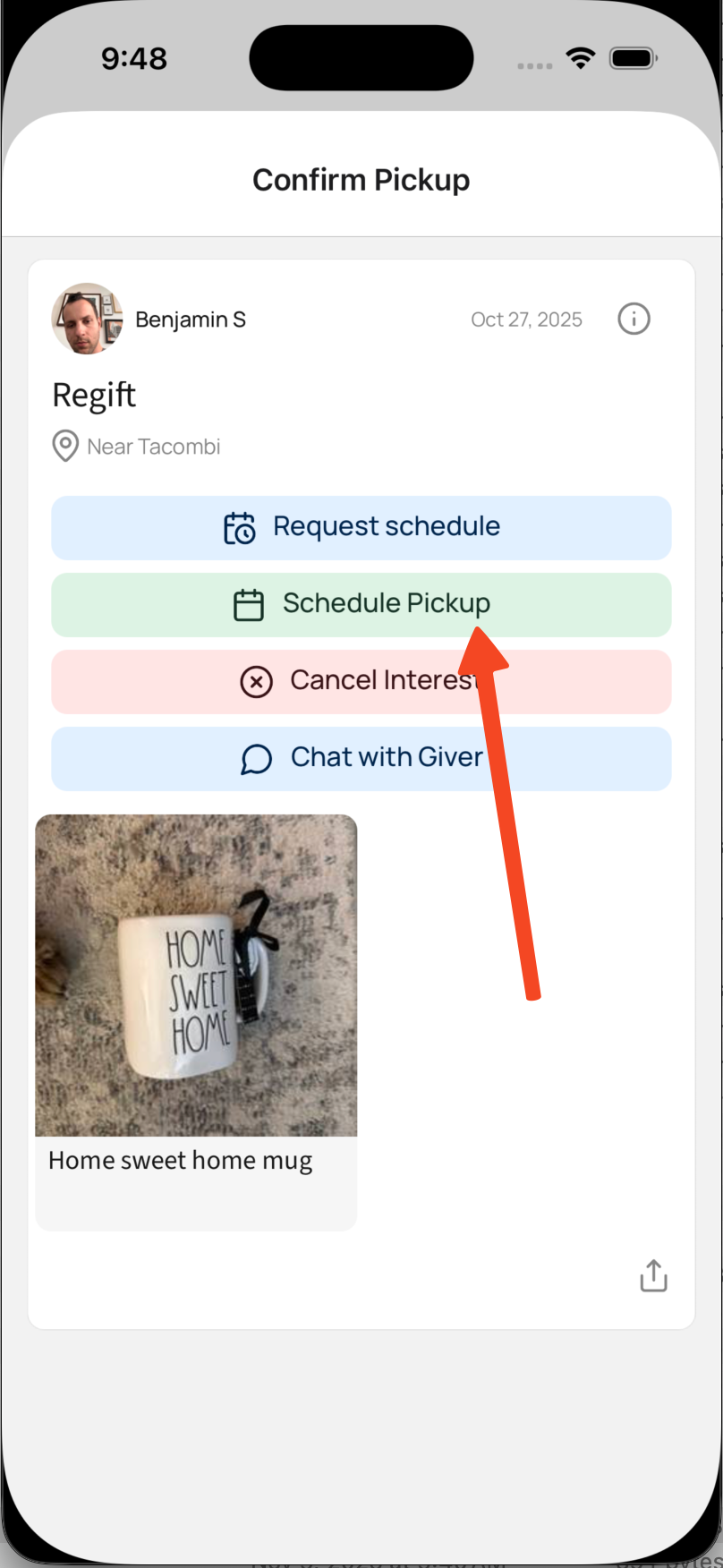 Screenshot of the Confirm Pickup screen with the Schedule Pickup button highlighted.
