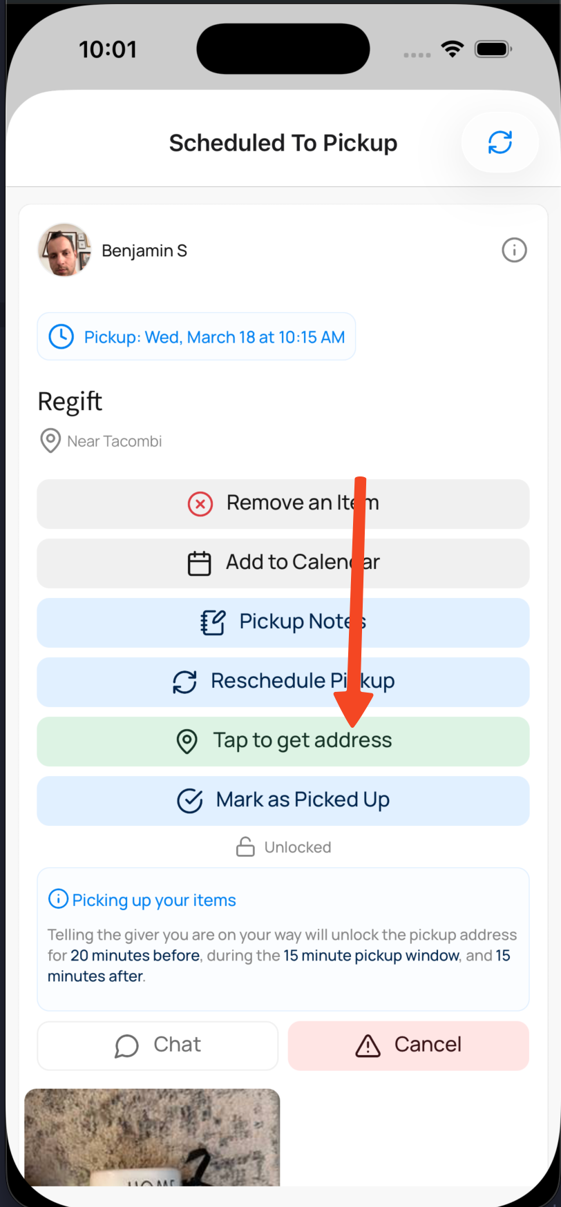 Screenshot of the Scheduled To Pickup screen with the Tap to get address button highlighted.