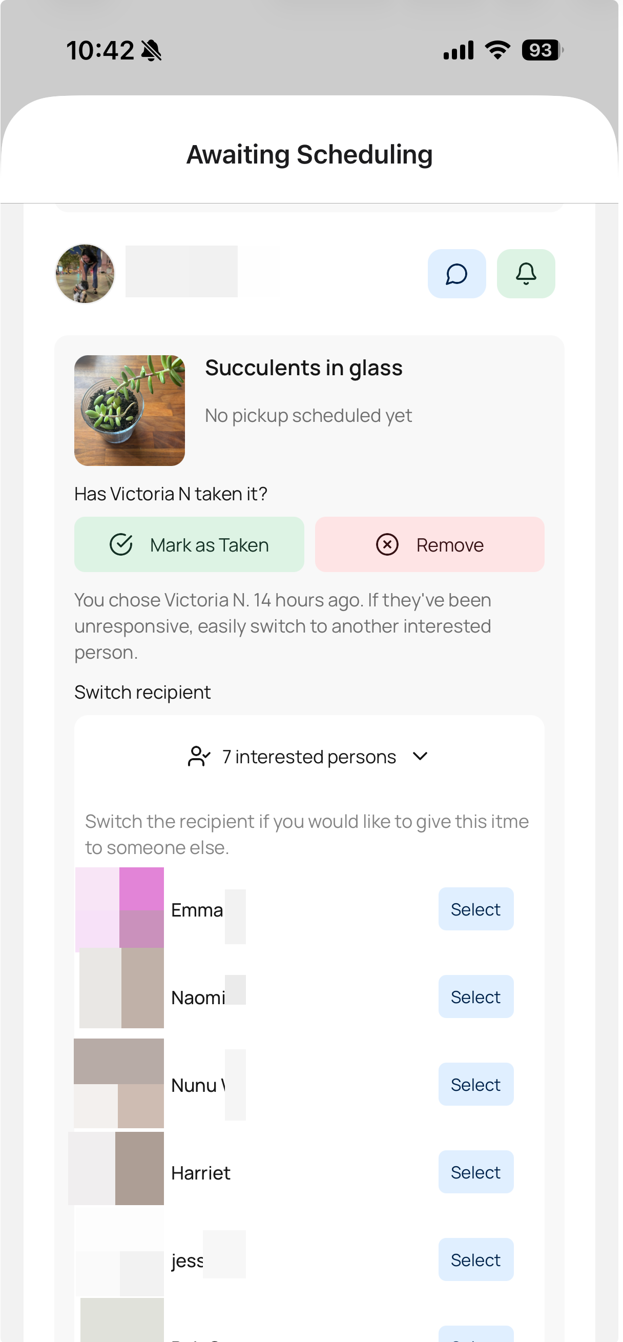 Screenshot of the Awaiting Scheduling screen showing the switch recipient list.