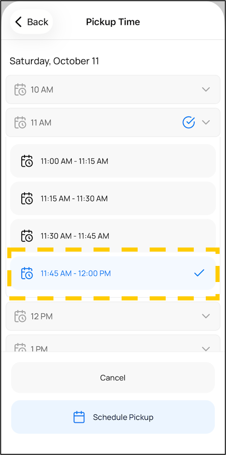 Scheduling screen showing pickup times with one option selected