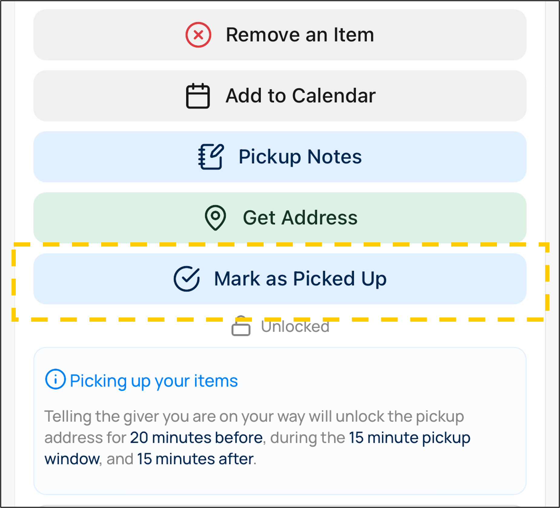 Mark as Picked Up button highlighted in the pickup actions list